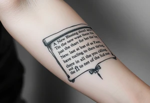 A large scroll of a bible scripture about new blessing and lost of a love one tattoo idea