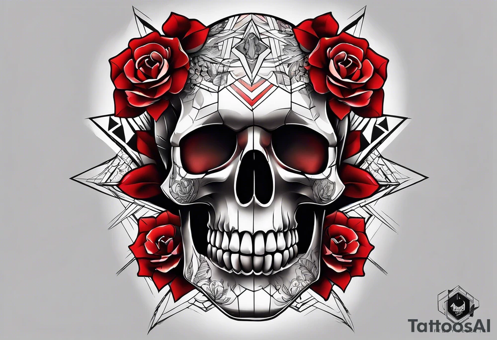 Skull Knee tattoo with flowers and geometric shapes tints of red tattoo idea