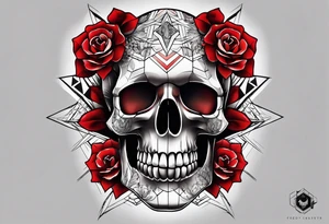 Skull Knee tattoo with flowers and geometric shapes tints of red tattoo idea