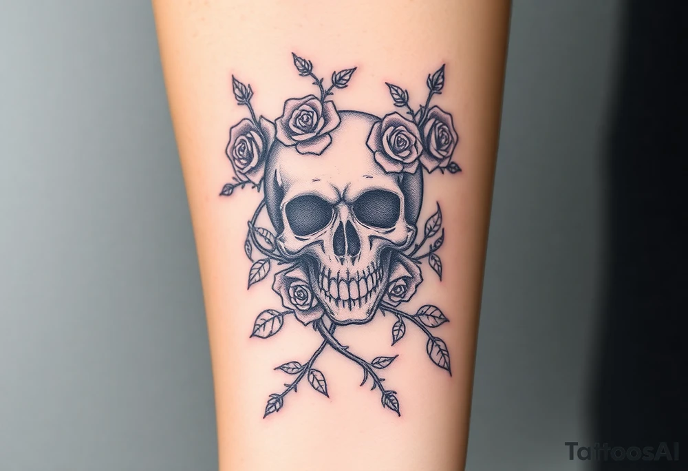 gothic skull intertwined with climbing roses and thorny vines tattoo idea