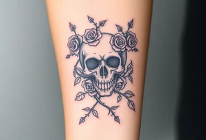 gothic skull intertwined with climbing roses and thorny vines tattoo idea