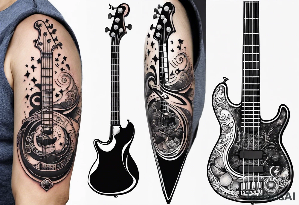 A well balanced tattoo full left arm with the following images:
a bass guitar, 
2 stars, 
1 quarter moon, 
a caduceus symbol and 
a mickey mouse shadow tattoo idea