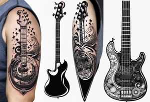 A well balanced tattoo full left arm with the following images:
a bass guitar, 
2 stars, 
1 quarter moon, 
a caduceus symbol and 
a mickey mouse shadow tattoo idea