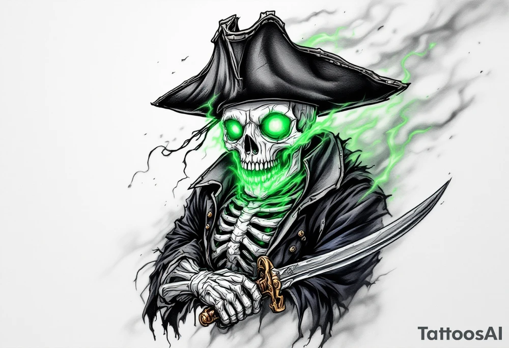 Ghost Captain’s Curse – A skeletal pirate captain with a tattered black tricorn hat and a rotting navy coat, gripping a rusty cutlass. His hollow eye sockets glow with an eerie mist, and a ghostly green aura swirls around him. tattoo idea