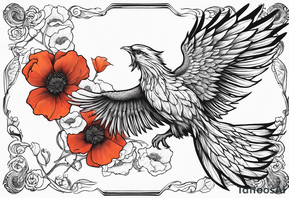 elongated phoenix in flight
in profile long tail with claws holding poppies falling tattoo idea