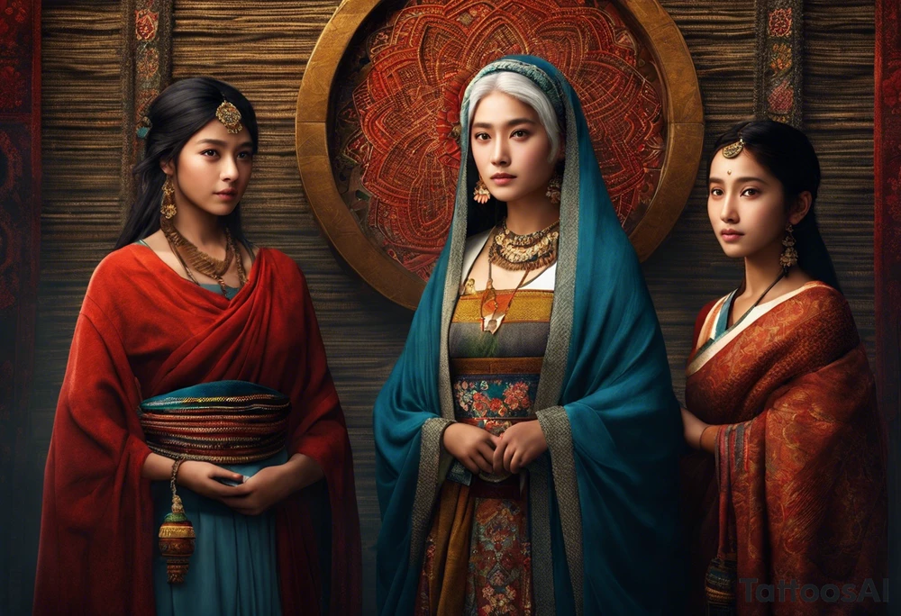 3 female people standing next to each other. The one on the left is a young girl, the one in the middle is a mature woman, the one on the right is a very old woman. They are looking forward.
There are 3 weavers. They symbolize the moirs, old goddesses of destiny. tattoo idea
