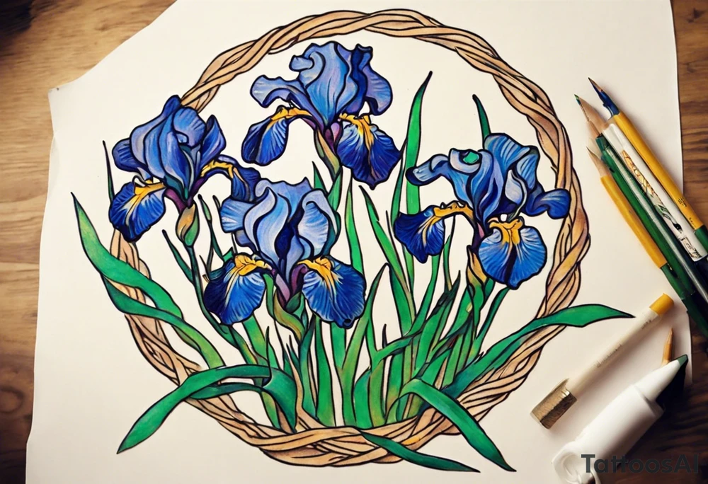 Create a small Vincent van Gogh Irises tattoo. The tattoo should take the form of a crescent, with vines gracefully intertwining at a central point in the middle of the wreath with a bird. Ensure that the design avoids the appearance of a bush and maintains a more structured and deliberate arrangement. The intended placement is on the upper chest. The overall design should be small in size while maintaining a delicate and artistic aesthetic. Pay attention to the graceful flow of the vines and the placement of the irises to achieve a refined and elegant look. tattoo idea