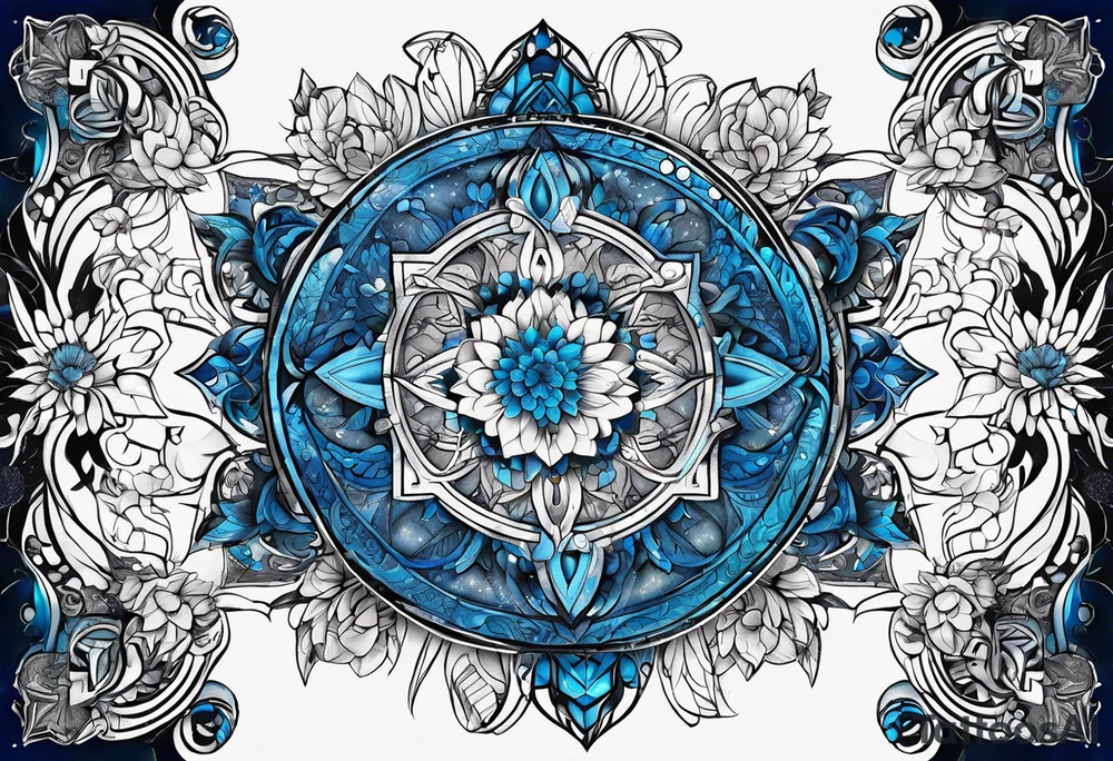 Linear bionic metatron , with abstract floral patern in blue brushed design tattoo idea