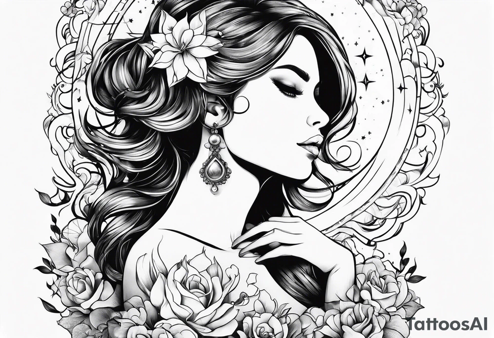 woman in pool reaching to stars tattoo idea