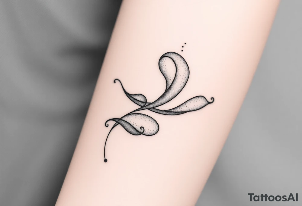 Black and gray fine line tattoo design, abstract and poetic. Fluid shapes intertwining like soft wind or smoke, symbolizing emotional healing, self-acceptance, and inner peace. The composition should suggest a feeling of breathing or gentle motion, representing self-love and reconnection with oneself. Include subtle light particles or fine dots to convey calmness and rebirth. The design should be clean yet expressive, delicate but full of symbolism — around 7–8 cm, ideal for an arm placement. No flowers, no butterflies, no human figures, no geometric patterns. Style: ethereal, dreamlike, minimalist surrealism. tattoo idea