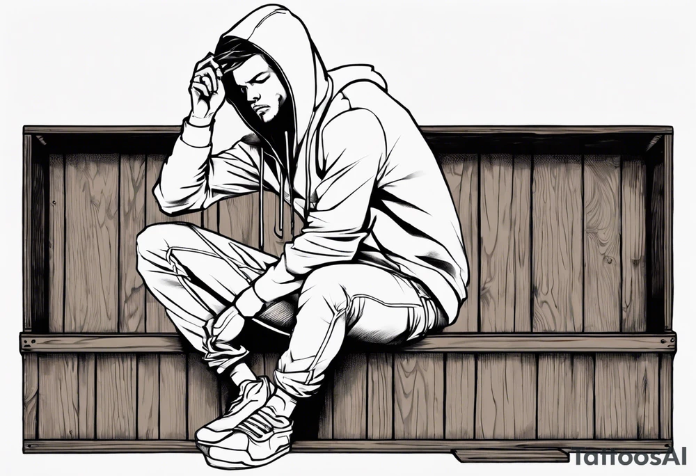 a guy in a hoodie sitting on a wooden box, looking down. Make it feel contemplative and realistic, as if you're viewing it from 10 meters away. tattoo idea