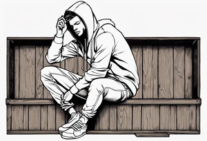 a guy in a hoodie sitting on a wooden box, looking down. Make it feel contemplative and realistic, as if you're viewing it from 10 meters away. tattoo idea