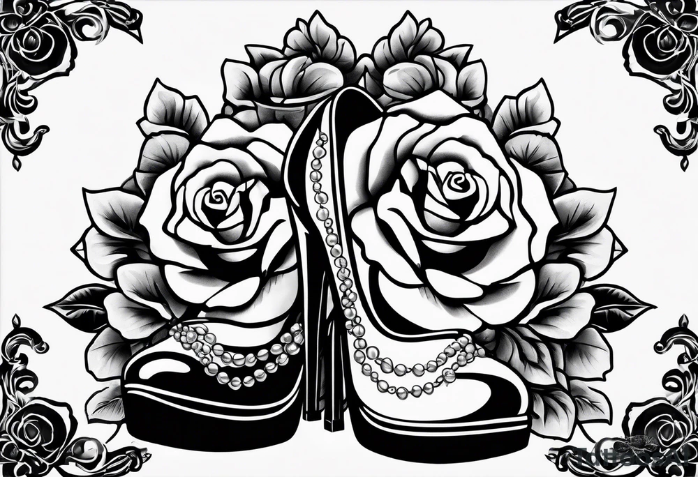 Pearl necklace wrapped around 1950s pinup pumps with roses surrounding tattoo idea