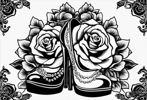 Pearl necklace wrapped around 1950s pinup pumps with roses surrounding tattoo idea