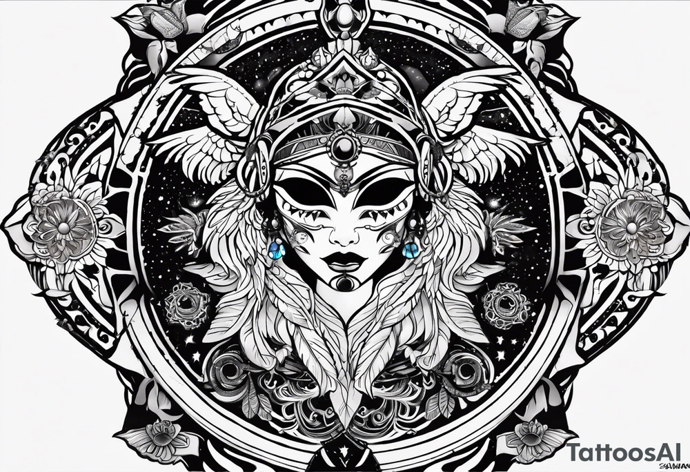 black kali, goddess pirate, alien, angel, pachamama, valkrye, warrior, flying, skull, lotus azul, wing, eagle, zenza resonance, stars, 5D, anahata chakra tattoo idea