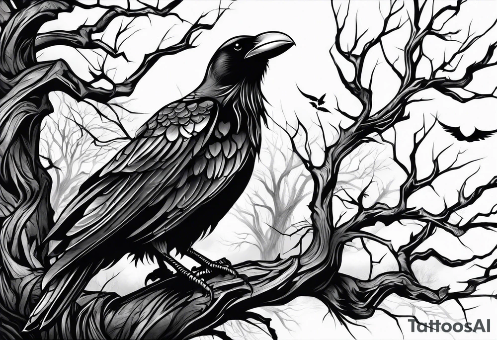 Dead tree arm sleeve with ravens tattoo idea