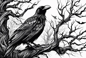 Dead tree arm sleeve with ravens tattoo idea