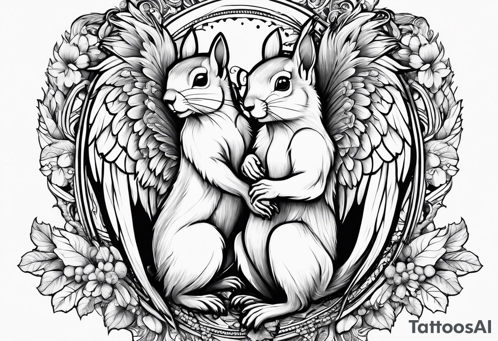 Squirrel with angel wings holding a nut tattoo idea