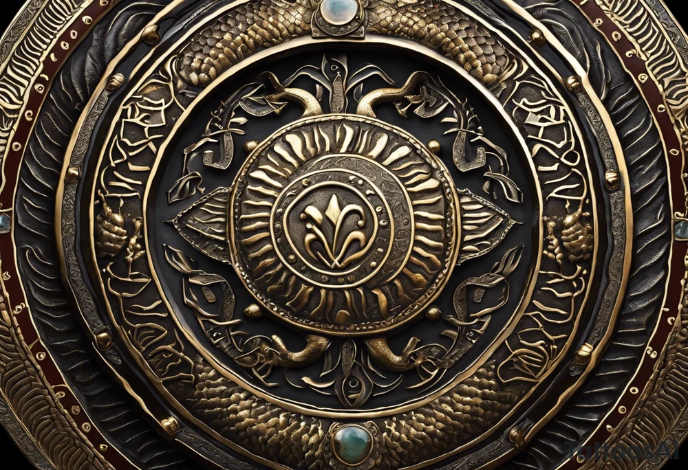 A shield with intricate patterns and engravings, adorned with coiled snakes and scorpions underneath. Rays of light emanate from the shield, signifying spiritual power.Contrast: Bold outlines for the shield and creatures, with detailed patterns.
Detail: Delicately depict the scales of snakes and the segmented bodies of scorpions. tattoo idea