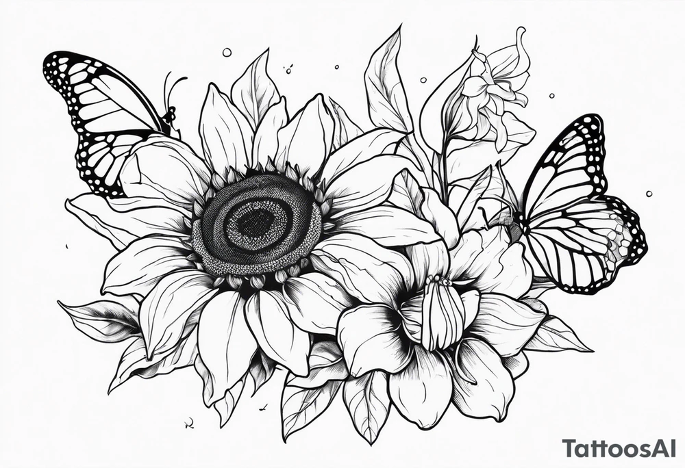 Sunflower and lily with butterflies tattoo idea