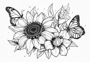 Sunflower and lily with butterflies tattoo idea