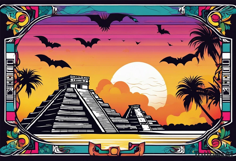 Colorful Mayan hieroglyph with sunglasses reflecting Chichen itza. Bats and waves in background tattoo idea