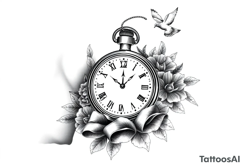 Pocket watch , surrounded by floral ornaments and dove, ribbon tattoo idea