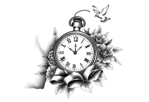 Pocket watch , surrounded by floral ornaments and dove, ribbon tattoo idea