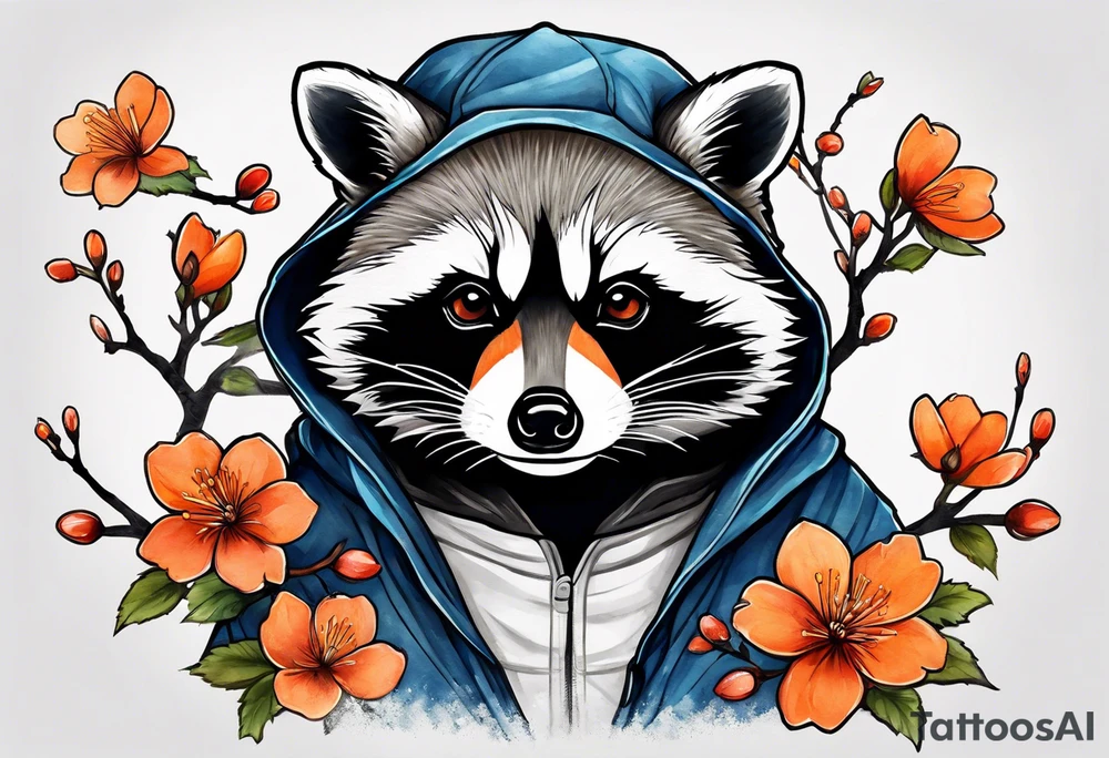 raccoon wearing a black and white Superman hoodie and orange Japanese cherry blossoms tattoo idea