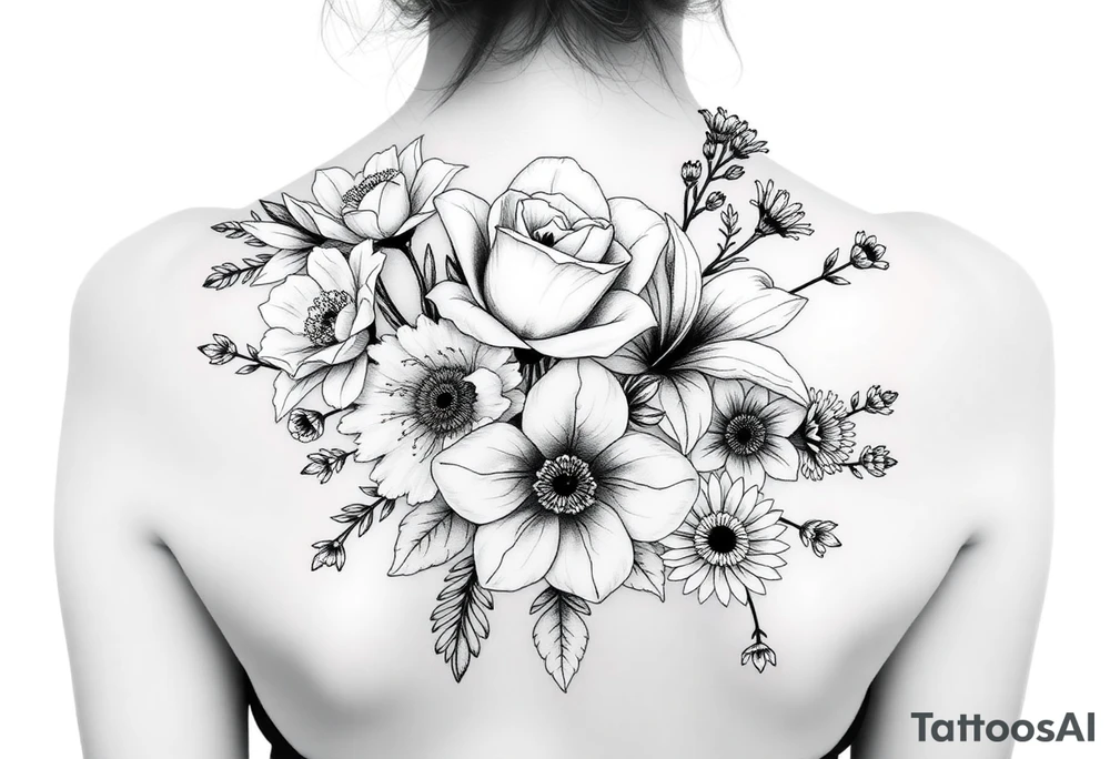 3d realistic Bouquet of flowers with a Carnation, rose, lily, luster, and aster flower tattoo idea