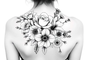 3d realistic Bouquet of flowers with a Carnation, rose, lily, luster, and aster flower tattoo idea