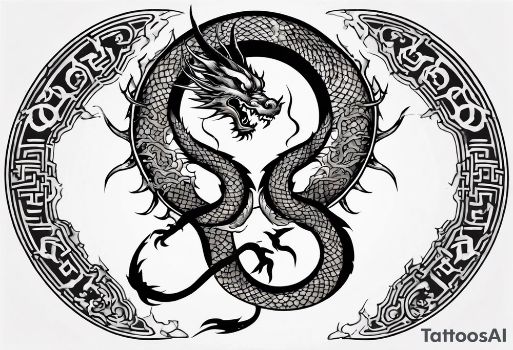 Chinese dragon in a circular shape with "02.03" written on its skin tattoo idea