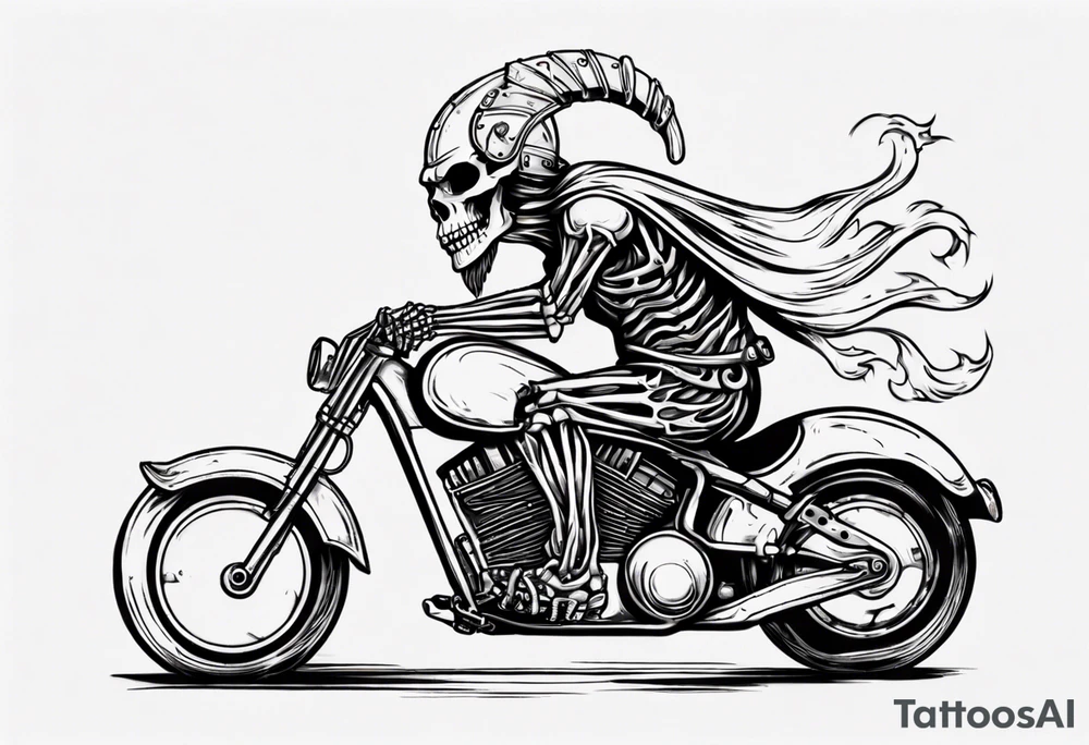 i want a tattoo of a big viking skeleton head riding a motorcycle with flames tattoo idea