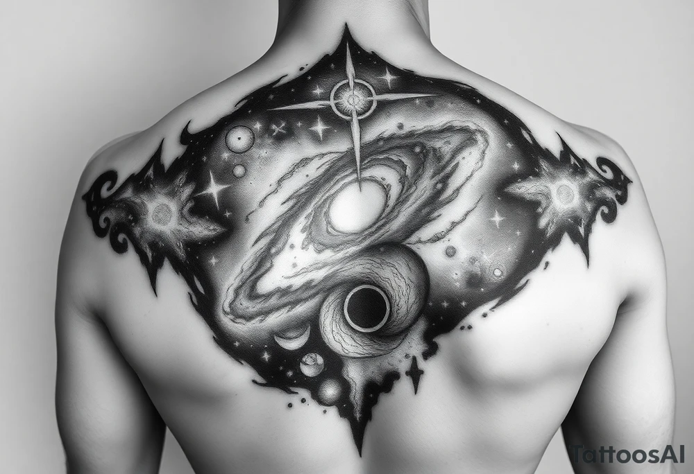 cover up tattoo of the galaxy that covers the upper portion of the back that is hyper realistic tattoo idea