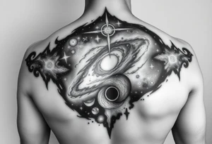 cover up tattoo of the galaxy that covers the upper portion of the back that is hyper realistic tattoo idea