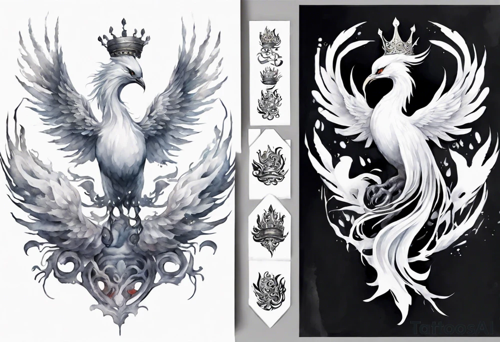 a white phoenix with an iron crown tattoo idea
