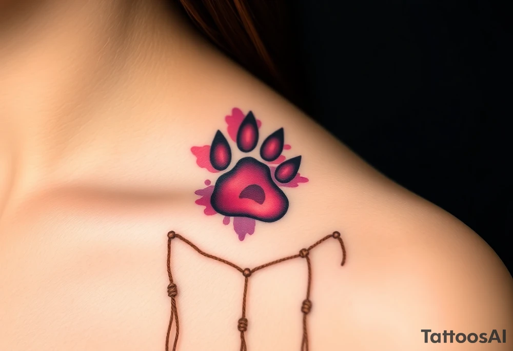 A wolf’s paw print in the center of a dreamcatcher. The dreamcatcher threads are light brown, and the paw print is shaded in dark pink with hints of violet around the edges. tattoo idea