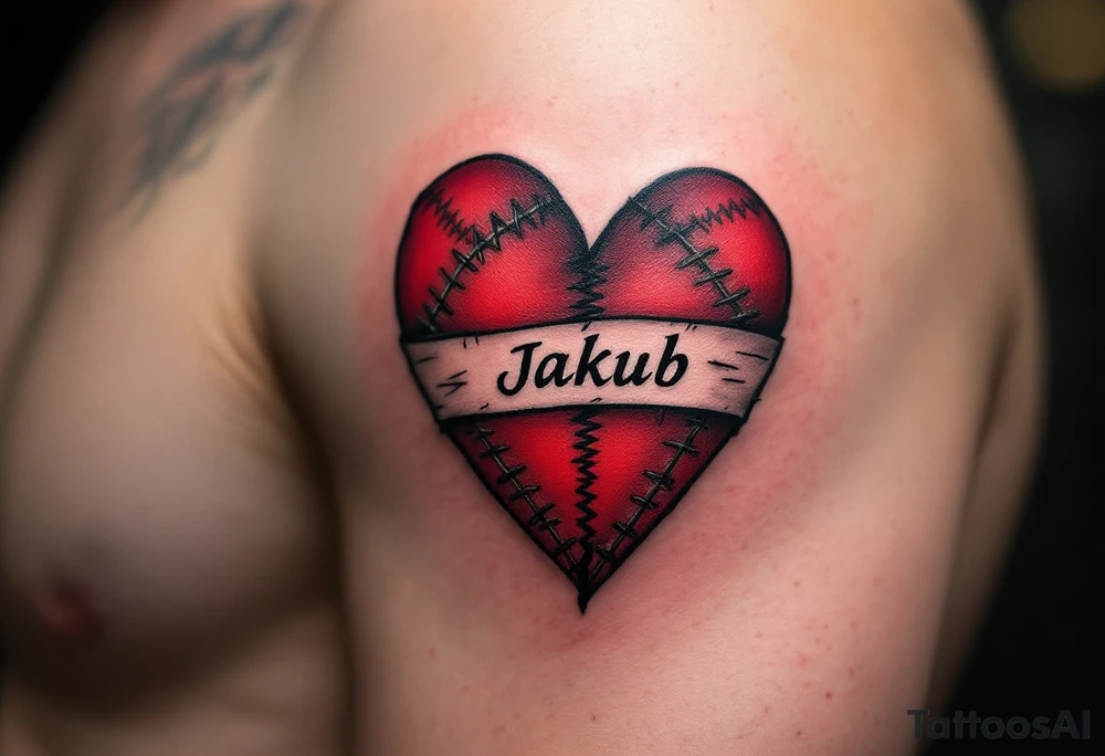 A tattoo of a stitched heart in crimson with Jakub written across the seam. tattoo idea