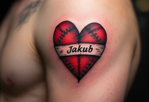 A tattoo of a stitched heart in crimson with Jakub written across the seam. tattoo idea