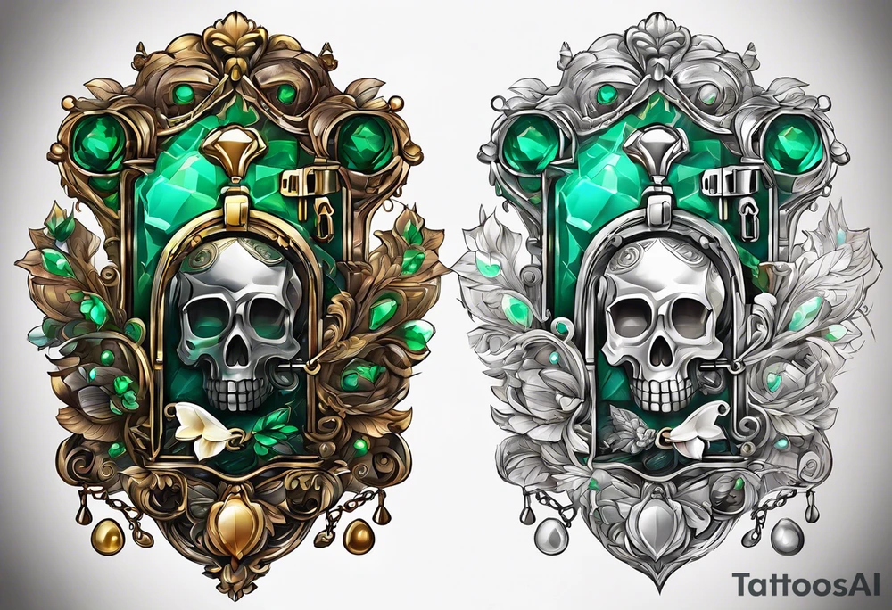 Lock and key with emerald stone tattoo idea