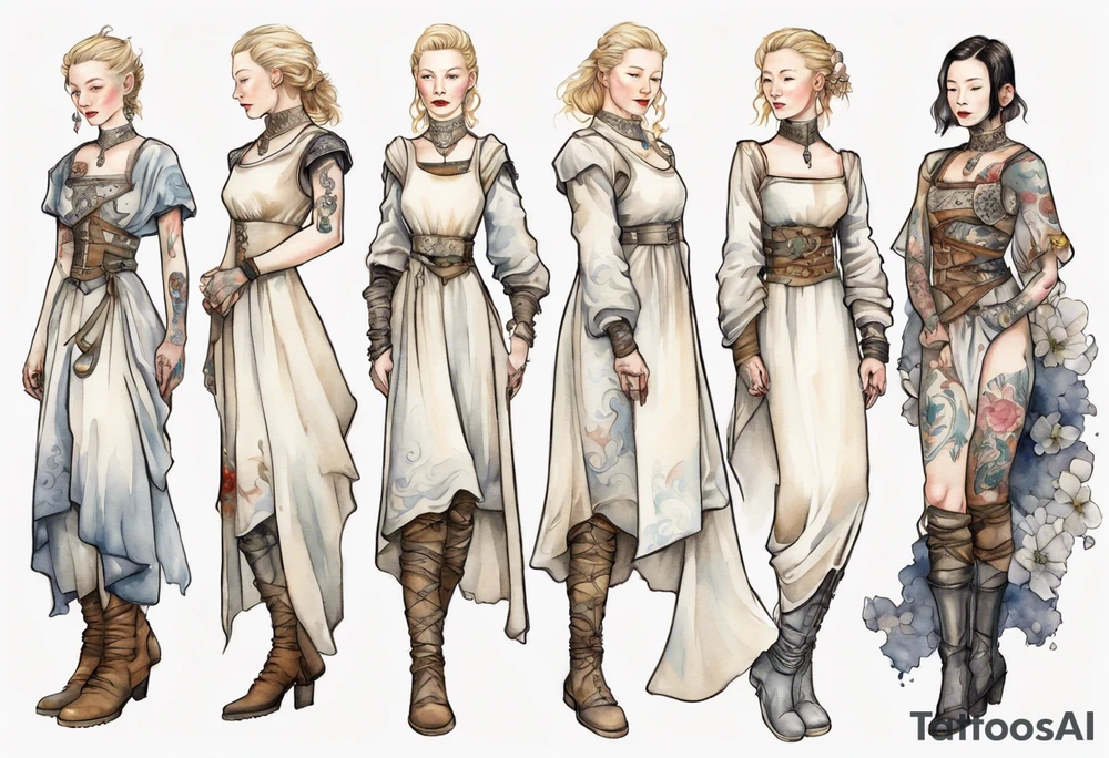 Cate Blanchette wearing white medieval dress and boots tattoo idea