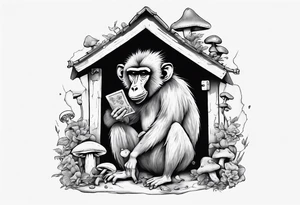a baboon in a playhouse with mice and mushrooms tattoo idea