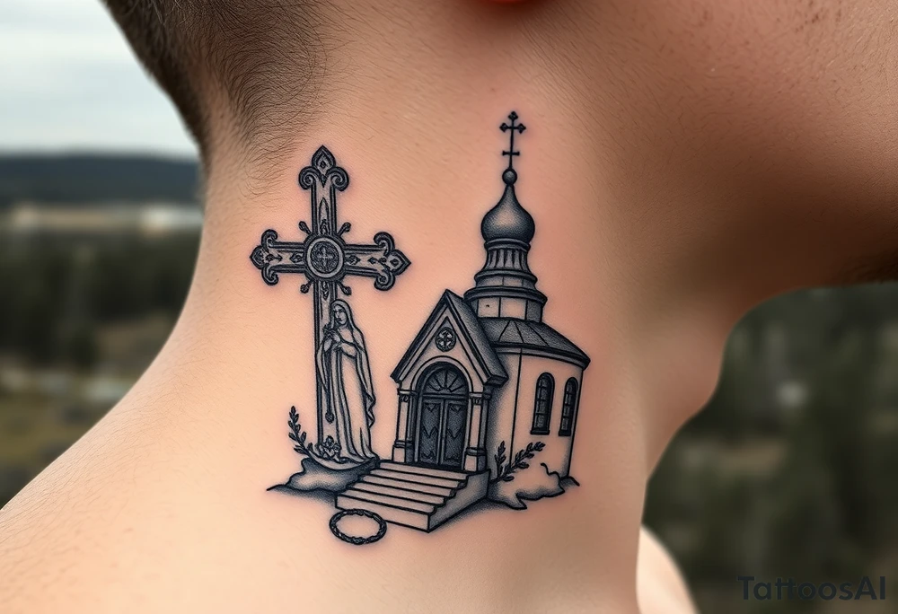 russian design traditional christian orthodox cross with a virgin mary stood beside the entrance of a russian orthodox dome church on the side of the neck in a wilderness setting with the design spread out the side of the neck tattoo idea