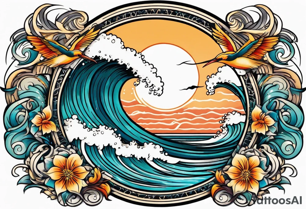 vintage traditional tattoo of ocean waves 
within a circle and banner across bottom deep waters sun birds
beach tattoo idea