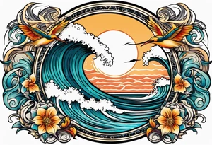 vintage traditional tattoo of ocean waves 
within a circle and banner across bottom deep waters sun birds
beach tattoo idea