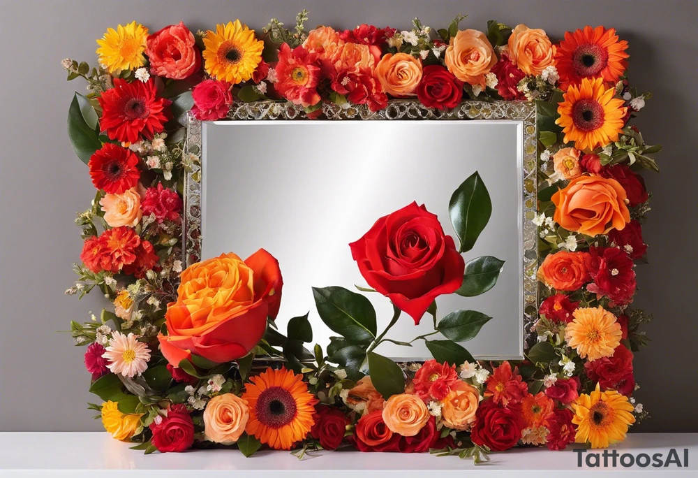 My idea is roughly a square mirror, surrounded by flowers. In the mirror, near the upper right corner, there is an eye (with a passionate, fiery feeling). The flowers are positioned in the upper left corner and the lower right corner. The floral arrangement would have leaves under the flowers, with a rose in the upper left and a daisy in the lower right. I'll add more details around the eye. I want the face to be very blurred, almost invisible, with only the eye being particularly clear, as if the entire face is backlit but the eye remains sharply in focus. Overall, I want to create the feeling that I am looking at this mirror. tattoo idea