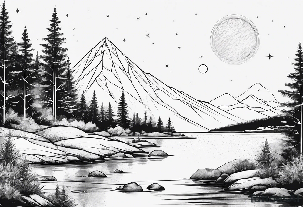 line art of space and nature in triangle tattoo idea