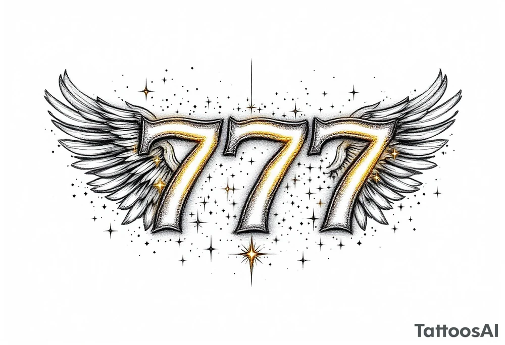 A bold "777" in a sleek, modern font in gold and silver light. The numbers are surrounded by celestial elements like tiny twinkling stars, a faint halo, and soft angelic wings, symbolizing divine guidance and good fortune. tattoo idea