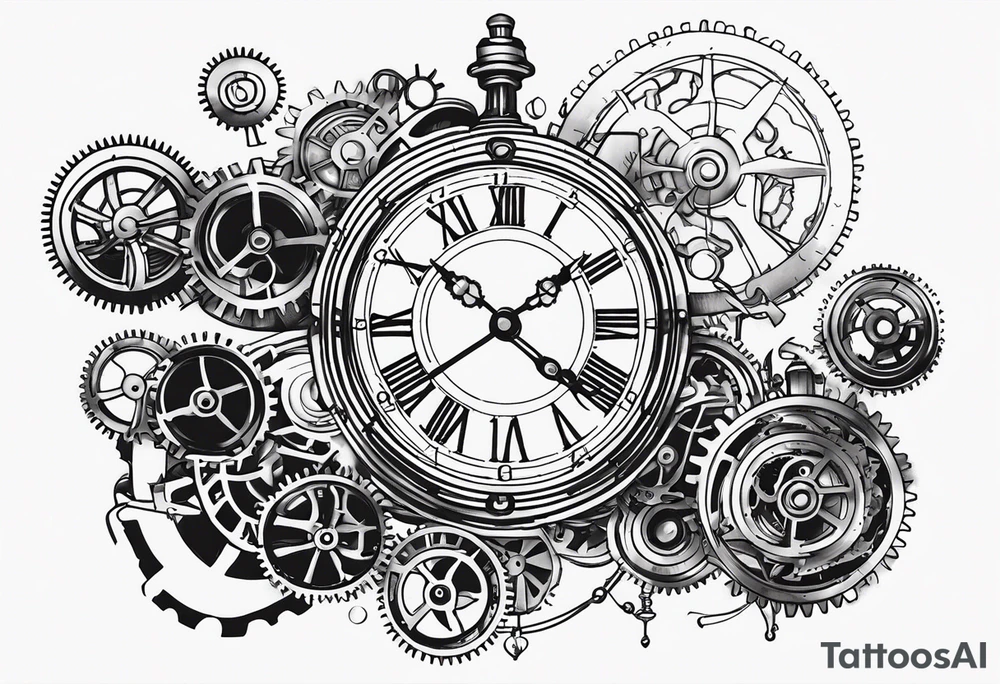 steampunk clock and machine parts tattoo idea