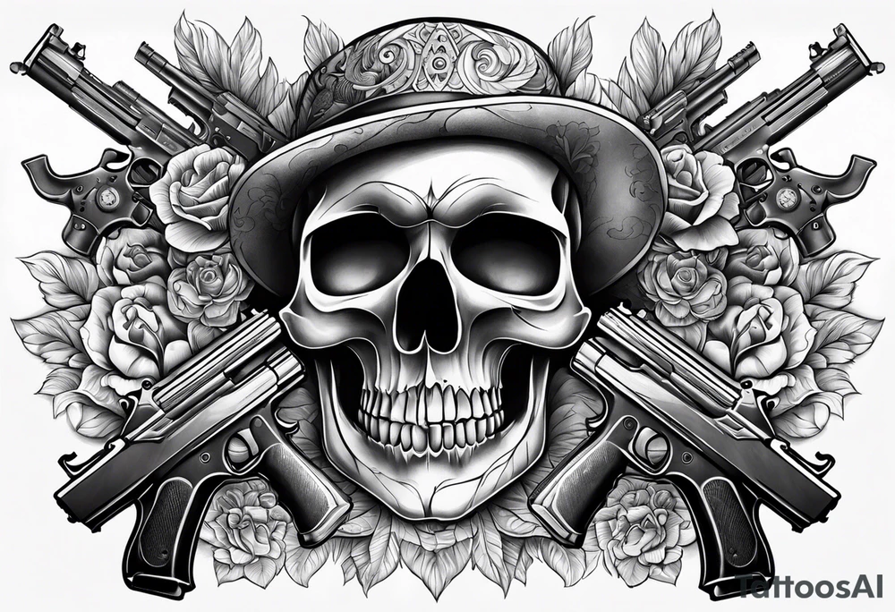 skull tattoo with guns tattoo idea